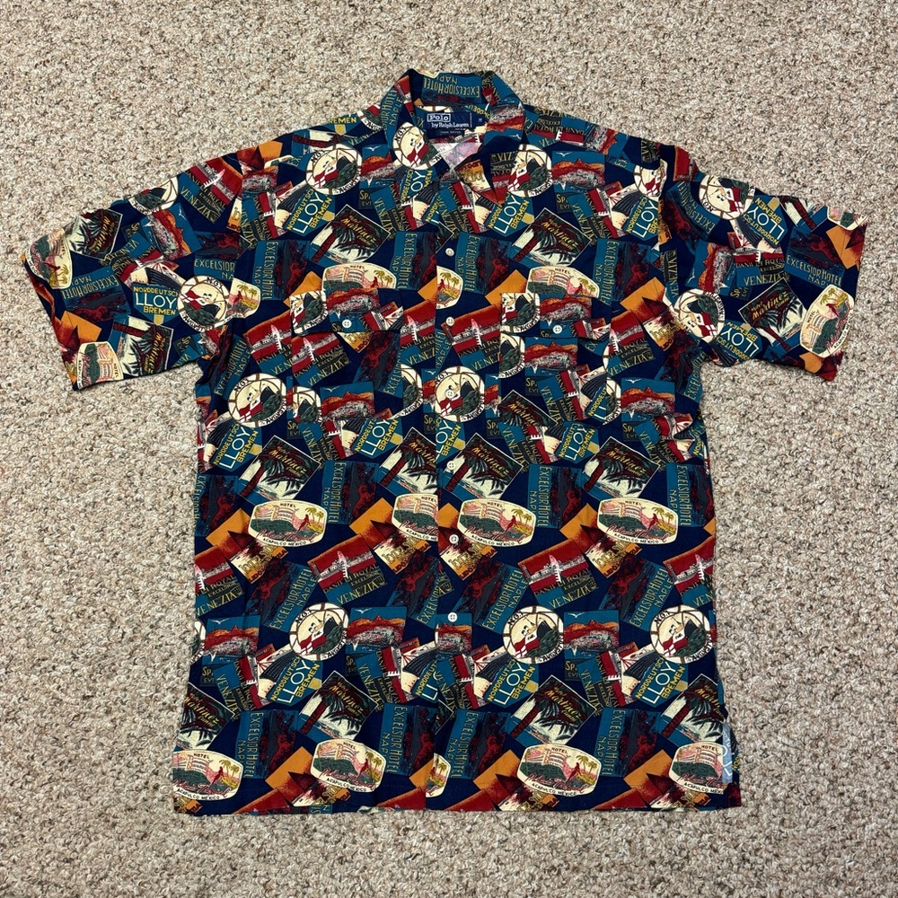 Ralph Lauren Vintage Polo Sport Rayon Button Down Postcard style shirt sz Med